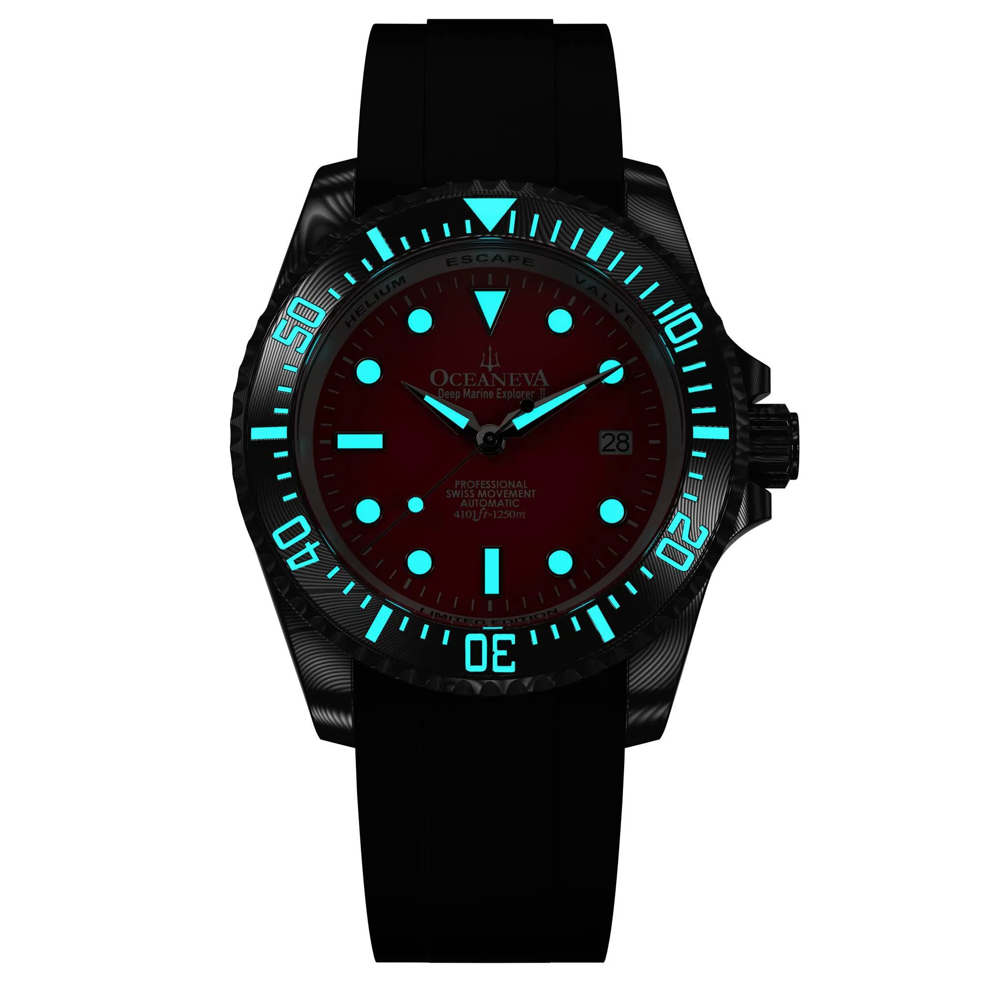 Oceaneva Mens Deep Marine Explorer II Damascus Steel Watch Red Dial