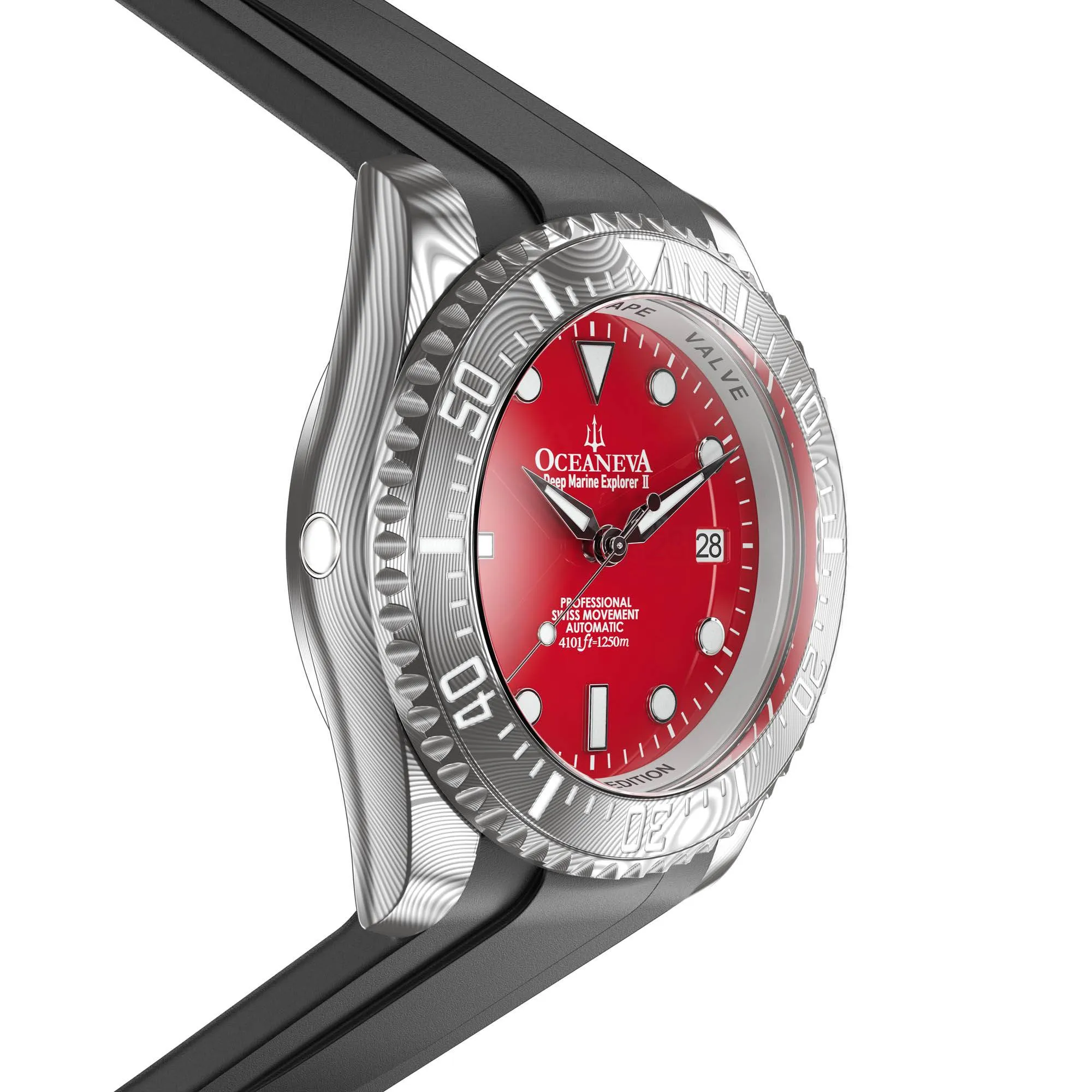 Oceaneva Mens Deep Marine Explorer II Damascus Steel Watch Red Dial