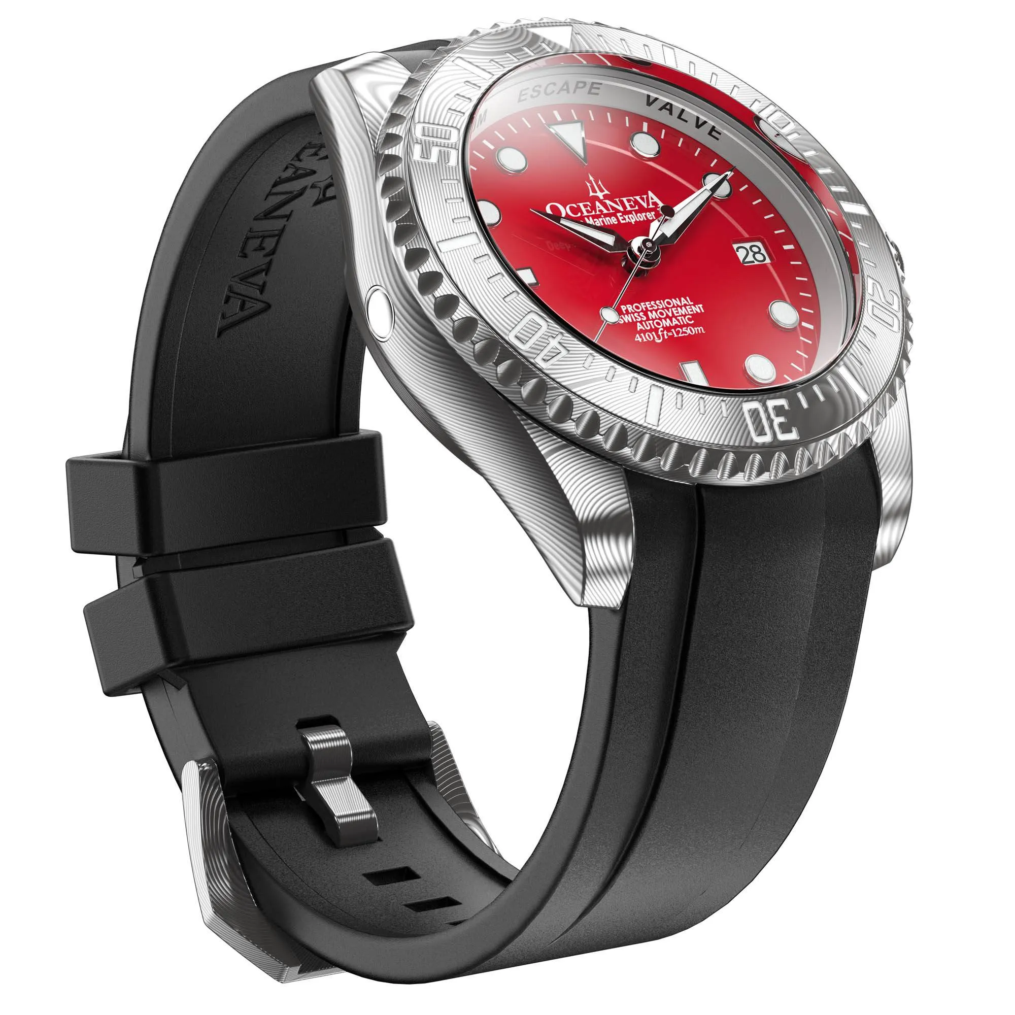 Oceaneva Mens Deep Marine Explorer II Damascus Steel Watch Red Dial