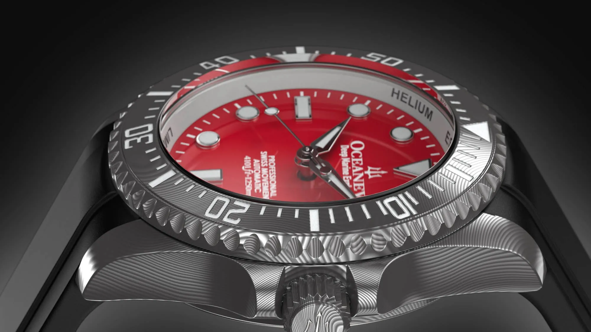 Oceaneva Mens Deep Marine Explorer II Damascus Steel Watch Red Dial