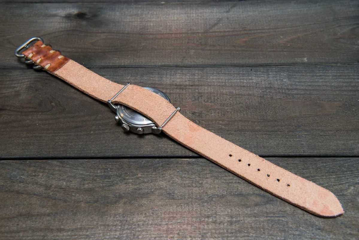 One-piece military watch band, Horween Dublin Cognac leather watch strap