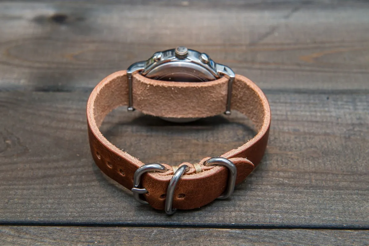 One-piece military watch band, Horween Dublin Cognac leather watch strap