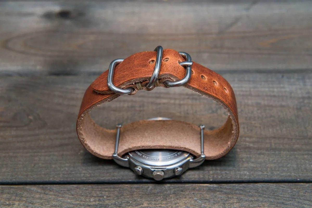 One-piece military watch band, Horween Dublin Cognac leather watch strap