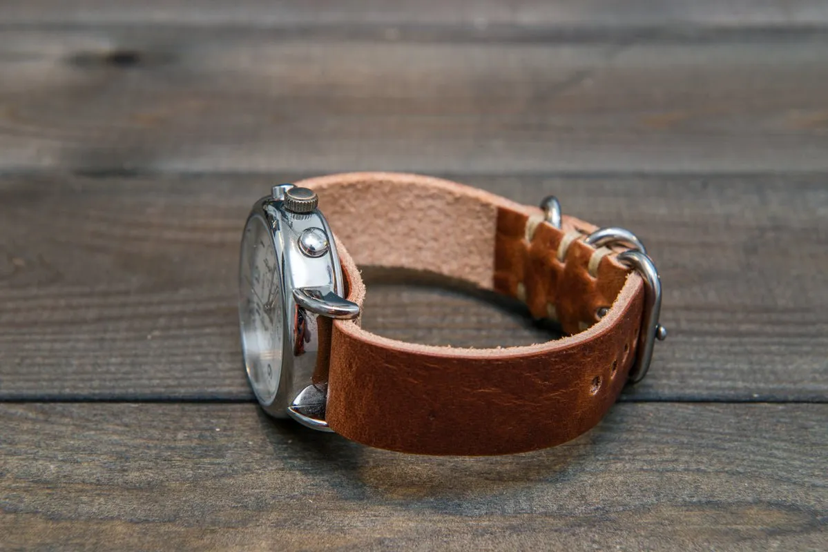 One-piece military watch band, Horween Dublin Cognac leather watch strap