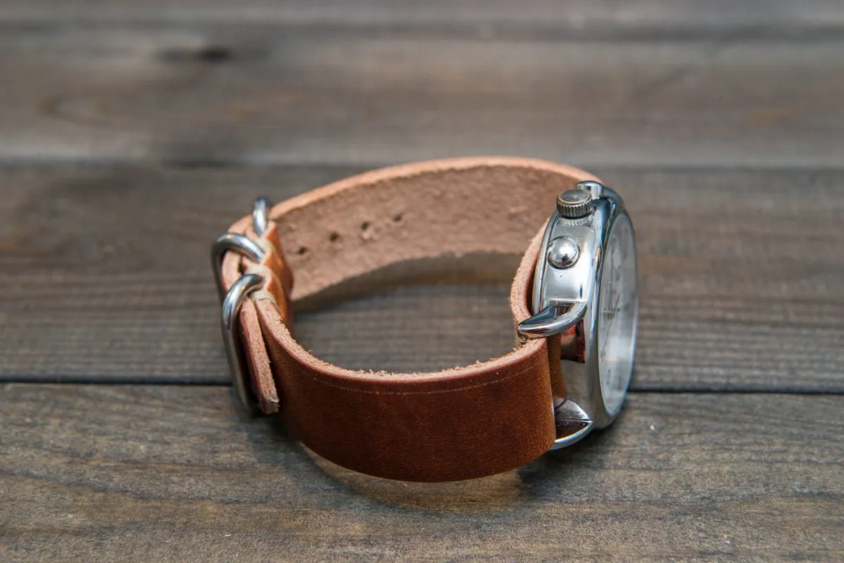 One-piece military watch band, Horween Dublin Cognac leather watch strap