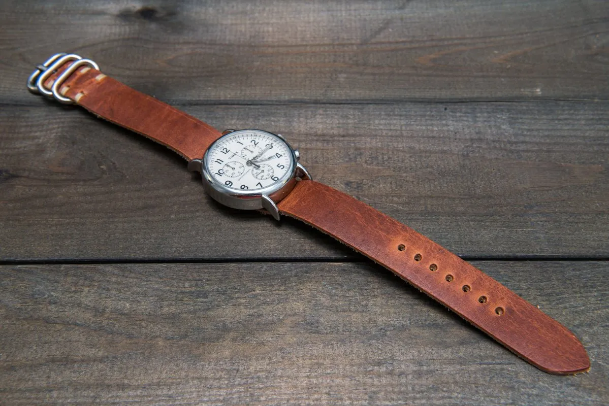 One-piece military watch band, Horween Dublin Cognac leather watch strap