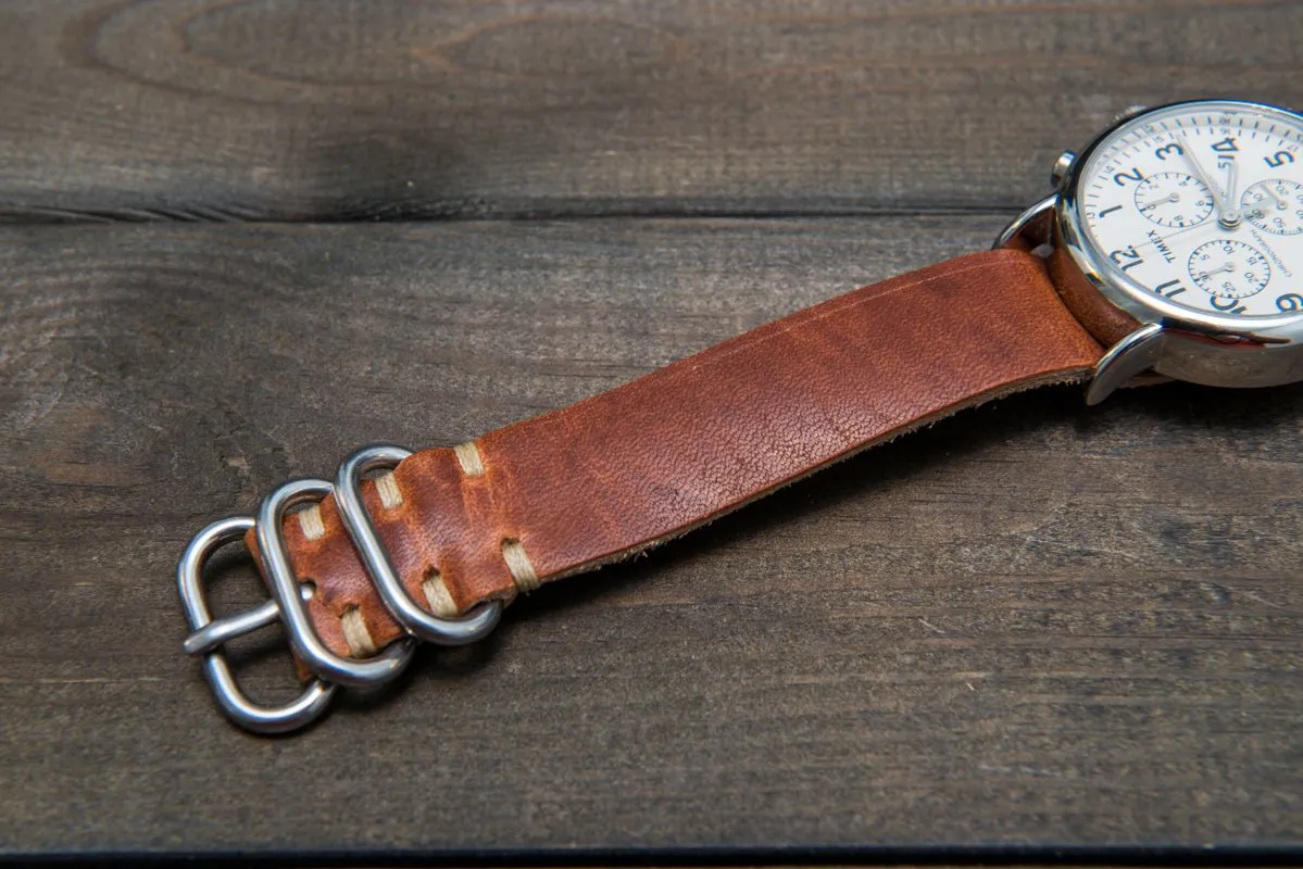 One-piece military watch band, Horween Dublin Cognac leather watch strap