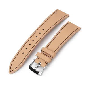 Q.R. 20mm Beige Tapered Leather Watch Band, Chocolate Brown Stitching   Zermatt