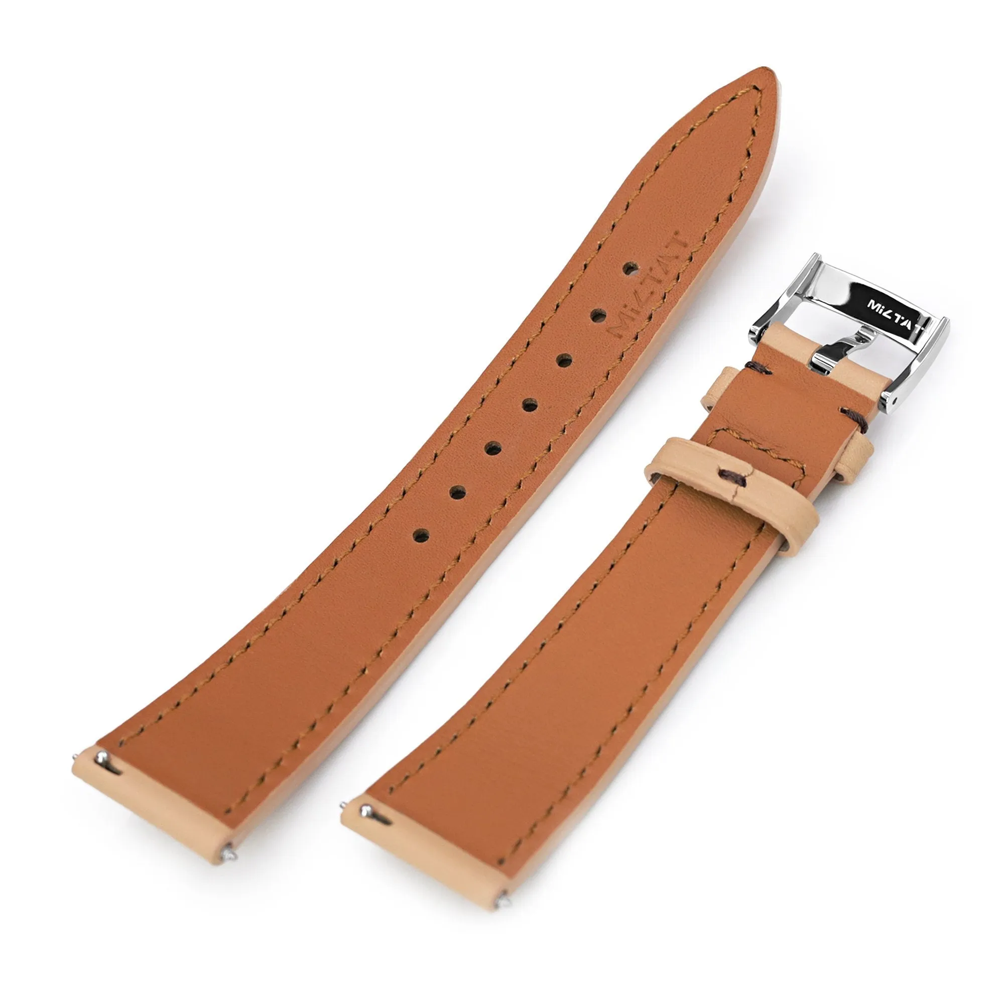 Q.R. 20mm Beige Tapered Leather Watch Band, Chocolate Brown Stitching   Zermatt