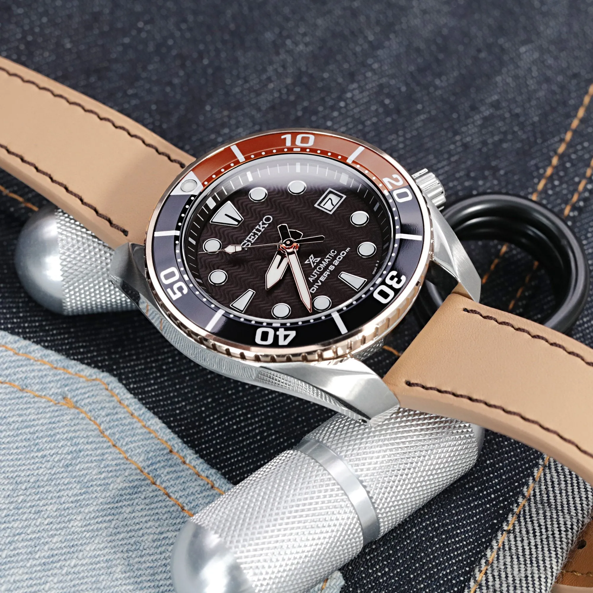 Q.R. 20mm Beige Tapered Leather Watch Band, Chocolate Brown Stitching   Zermatt