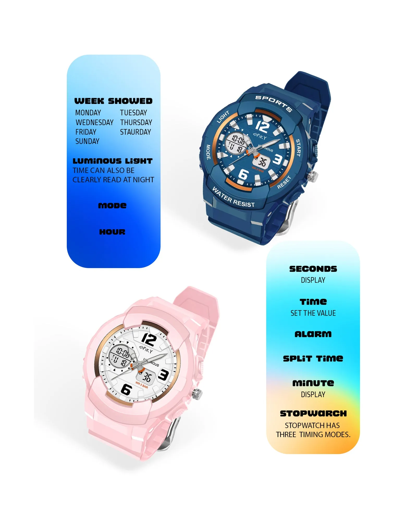 Spiky Round Sports Dual Time Kids Watches Combo - Pink & Blue
