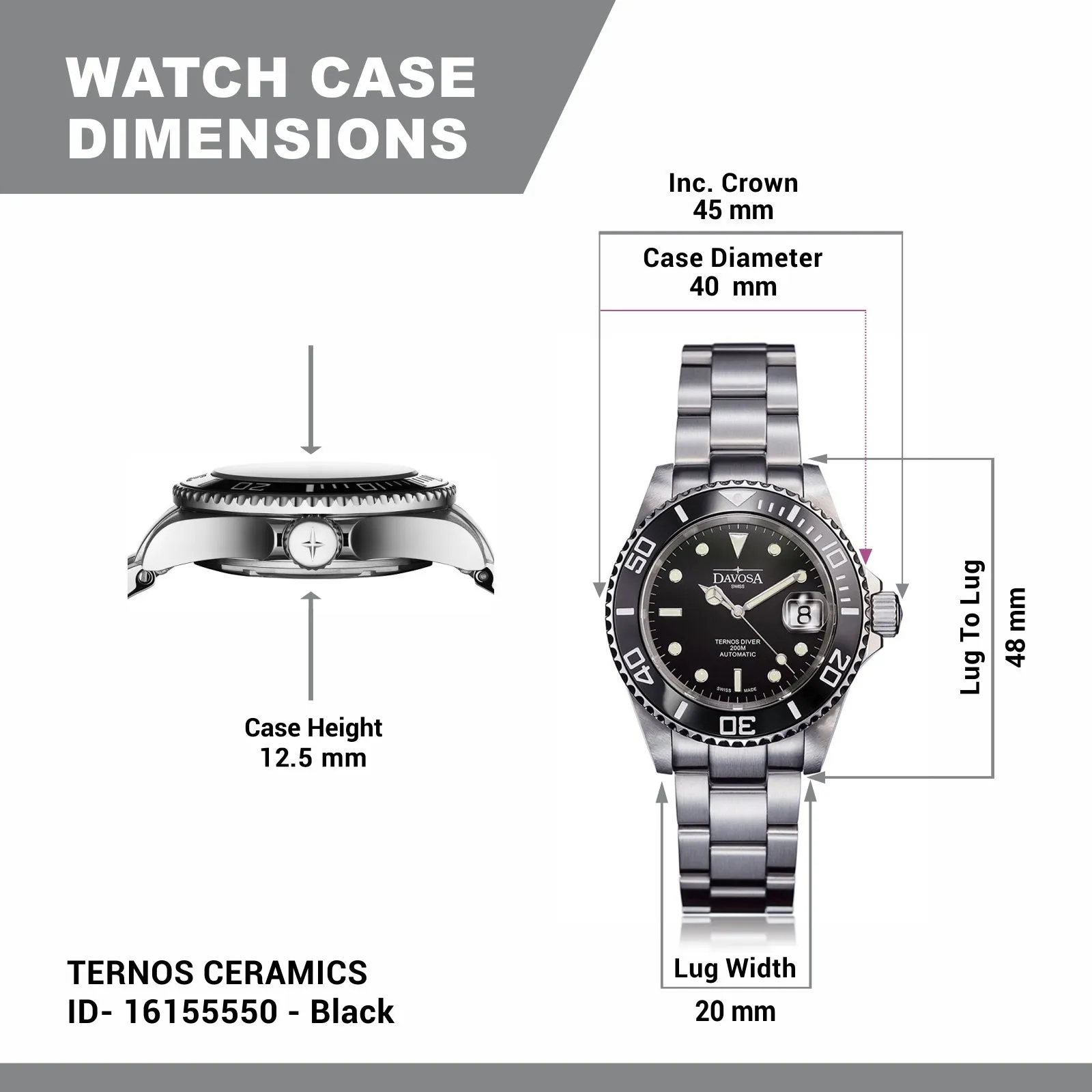 Ternos Ceramic Automatic 200m Swiss-Made Black Unisex Diver Watch 16155550