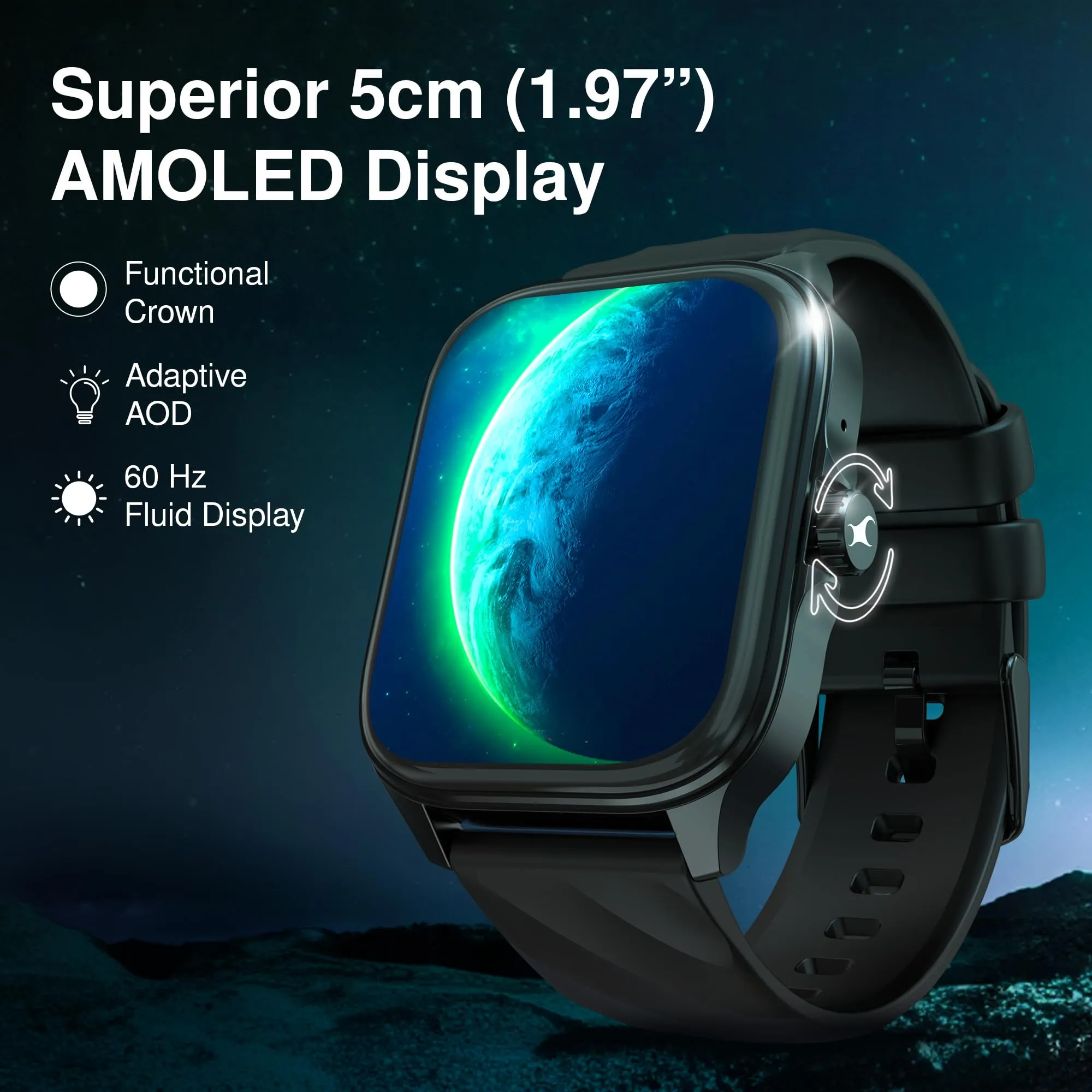 Titan Fastrack New Astor FS1 PRO Smart Watch, Large Super AMOLED Display (1.97") AOD, AI Voice Assistance, Functional Crown, SingleSync BT Calling, 100  Sports Modes & Faces, IP68 (Black)