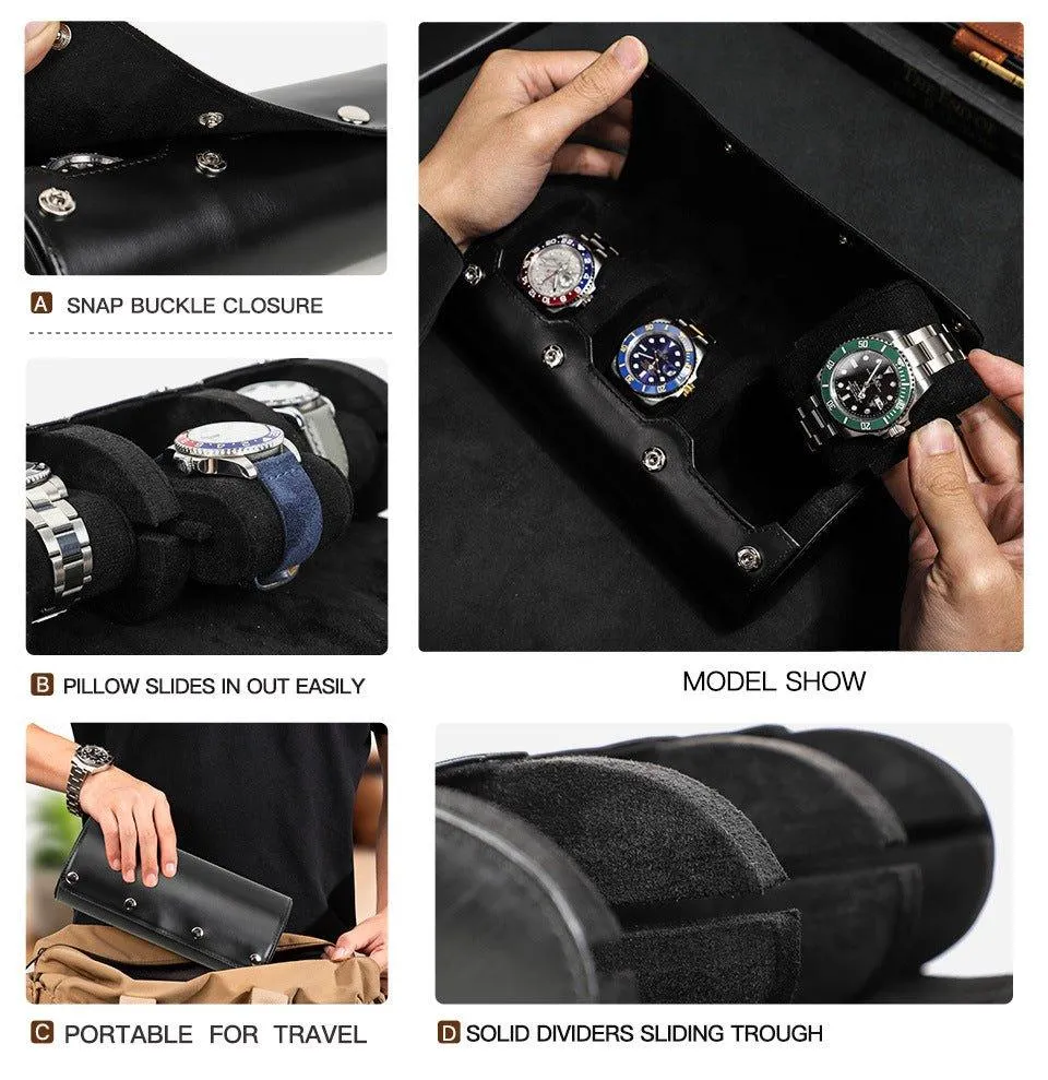 Woosir Leather Black Watch Case for Men for 3 Watches